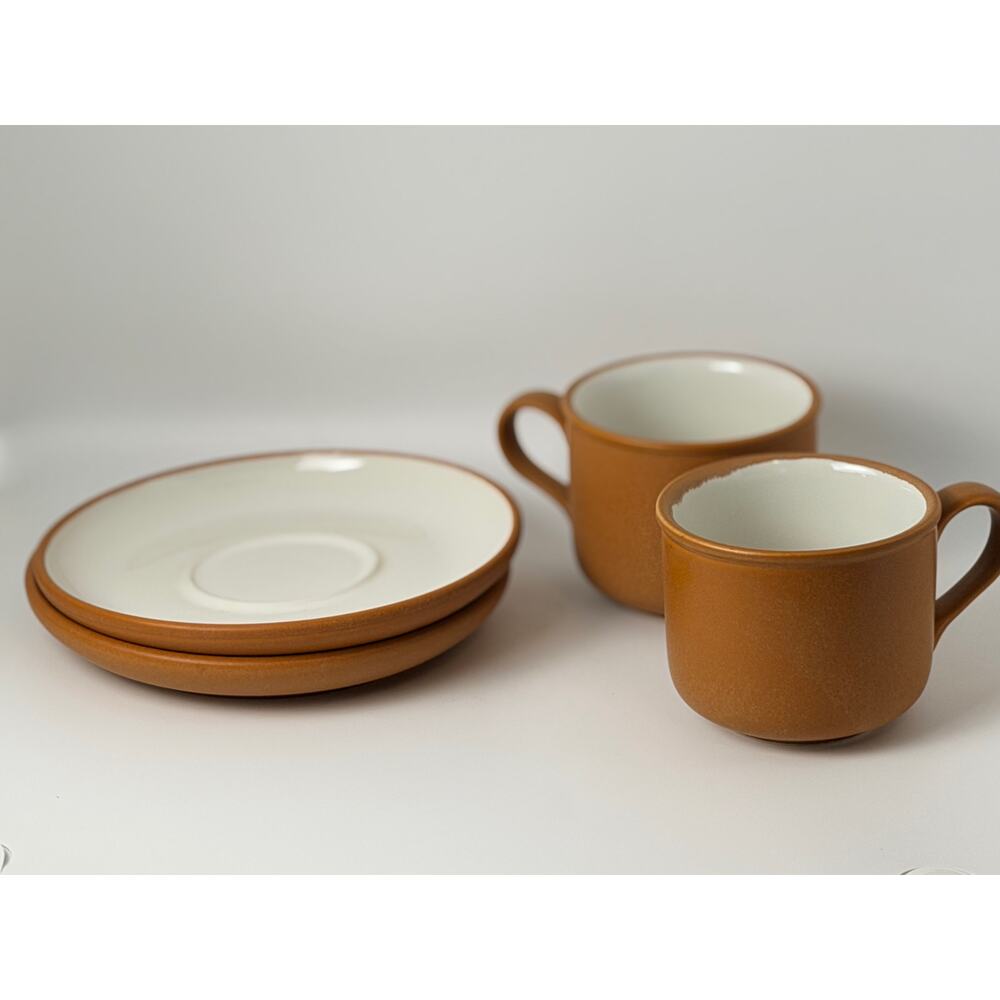 Pottery Barn Coffee Cup and Saucer Set Brown Cream Ceramic-set of 2